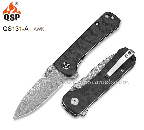 QSP Hawk Flipper Folding Knife, Damascus Steel, Carbon Fiber, QS131-A - Click Image to Close